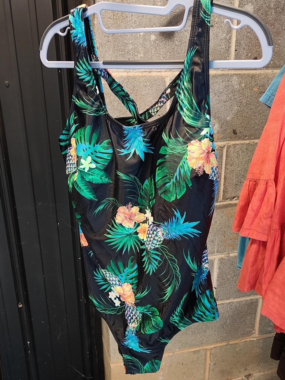Women’s Tropical Black One-Piece Swimsuit with Green & Coral Floral Print